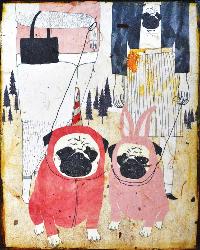 Pug Love, acrylic and India Ink on paper mounted on wood panel