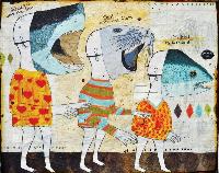 Food Chain, acrylic and India Ink on paper mounted on wood panel