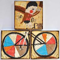 Let Go, acrylic, collage and ink on paper mounted on wood panels